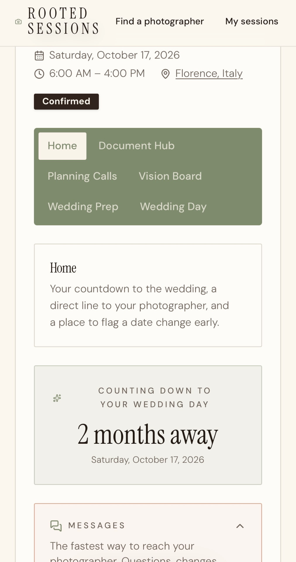 The Rooted Sessions client planning portal on a phone