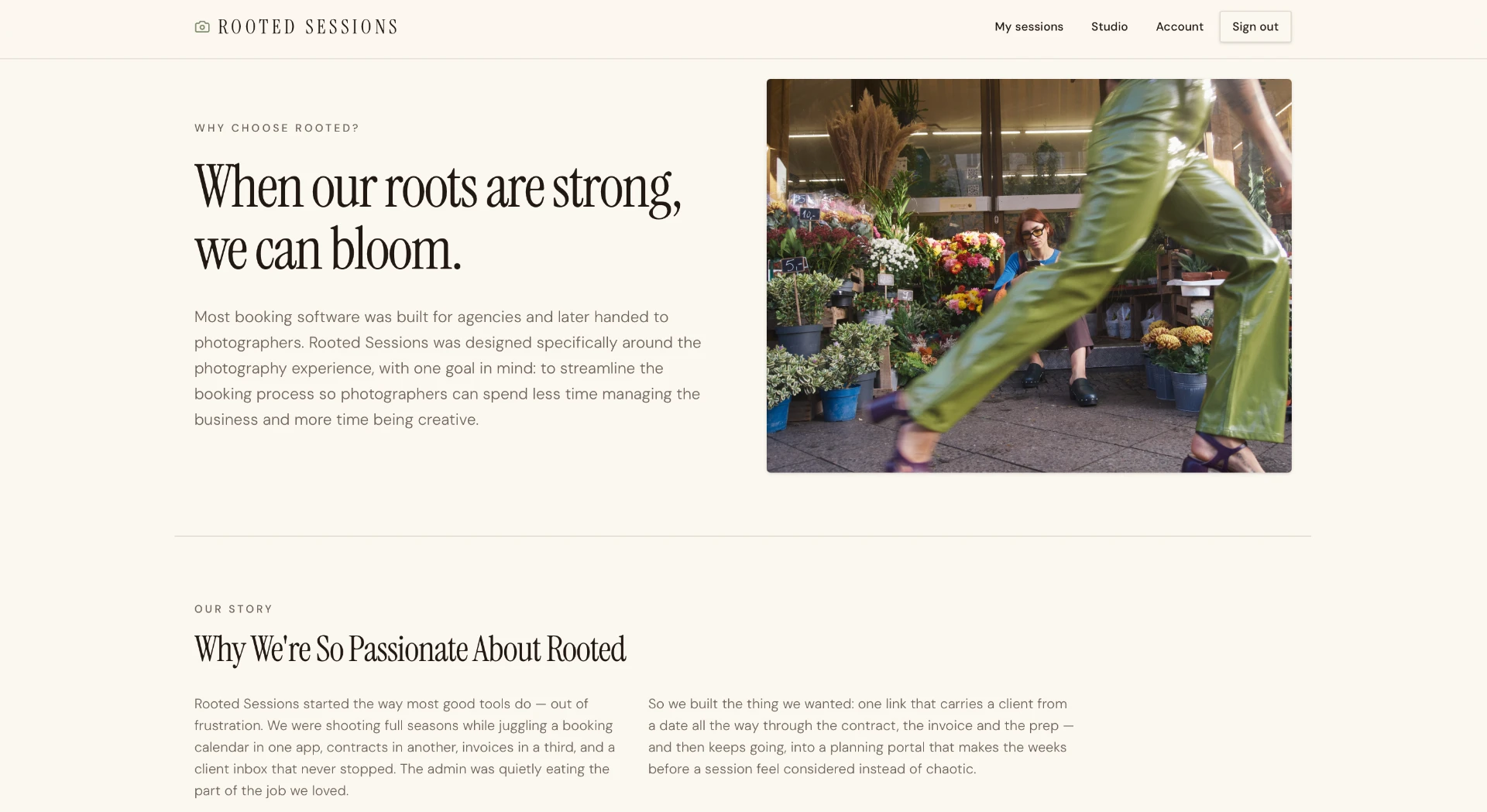 The Rooted Sessions website shown in a browser window